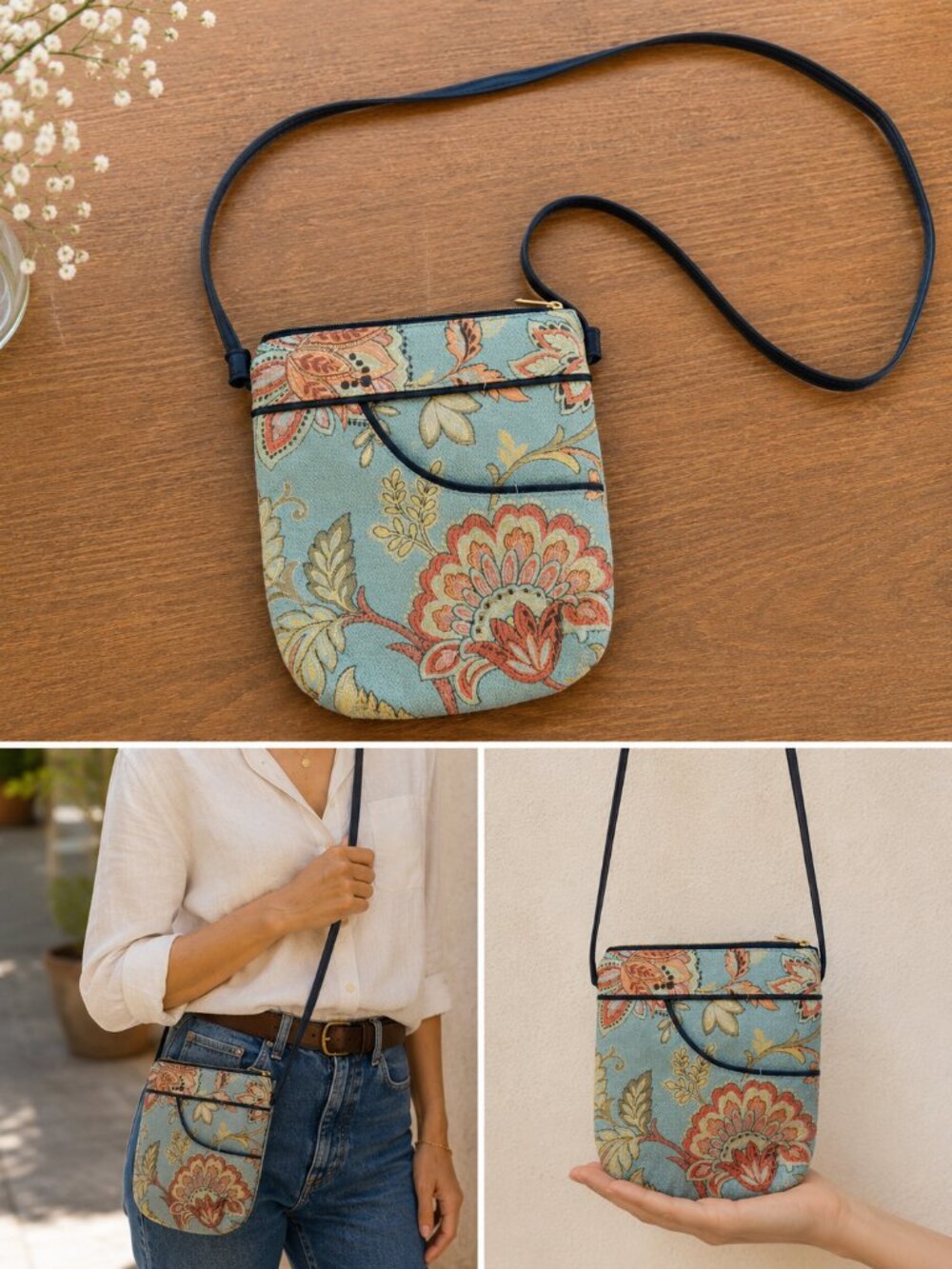 Light Blue Floral Crossbody Purse with Slim Strap